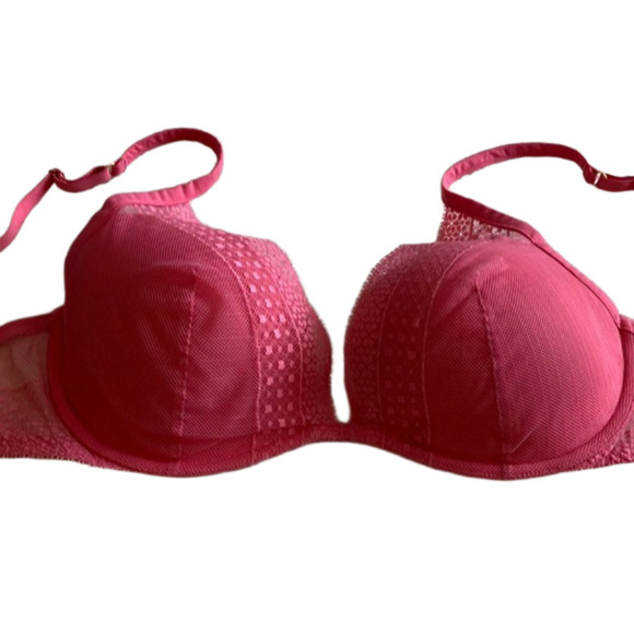 Pink Coral Victoria’s  Secret 32DDD plunge bra w/light padding & lace overlay. - Picture 1 of 10